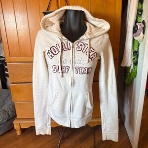 Hollister Full Zip Hoodie — Cream Logo Sweatshirt — Small